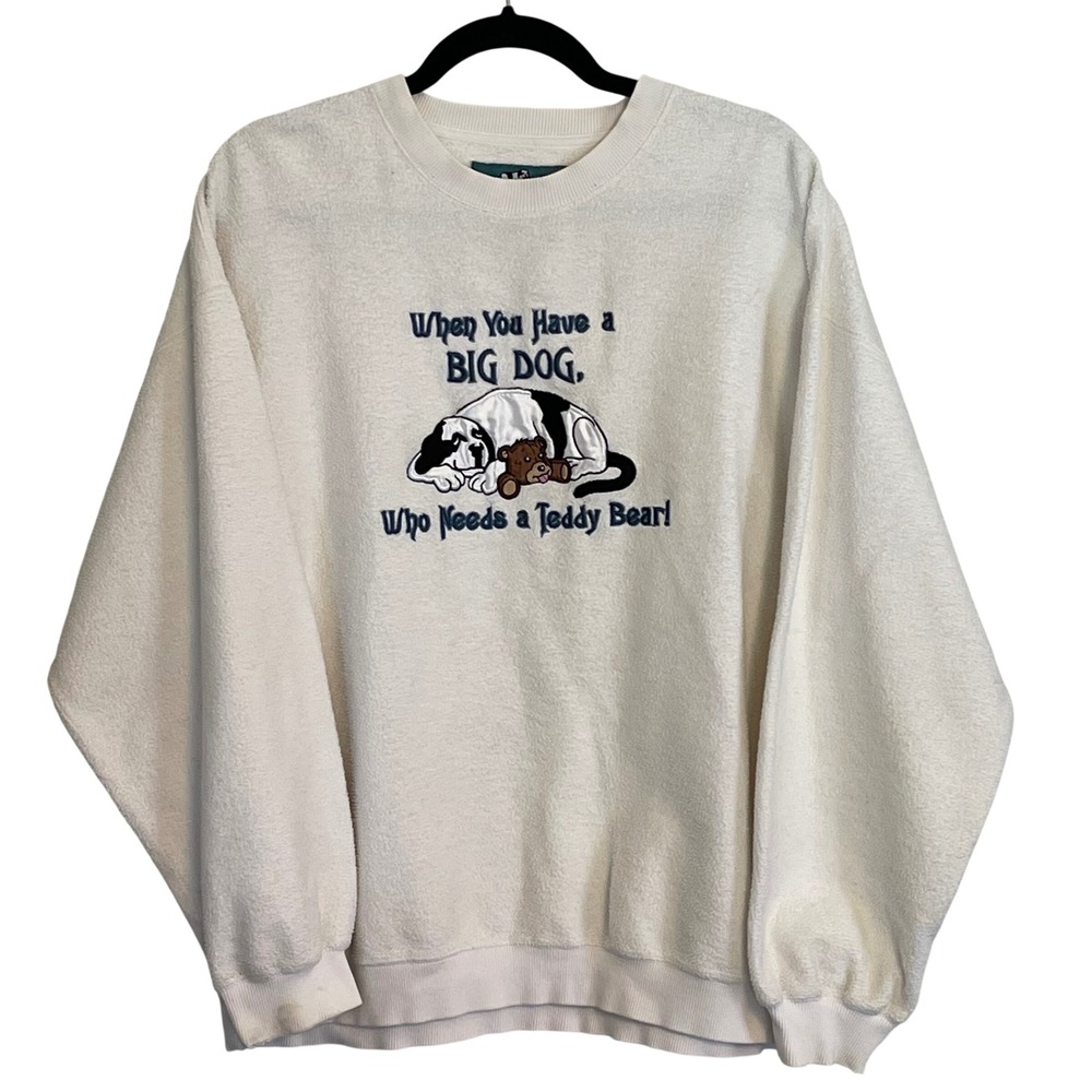 Vintage Big Dogs Embroidered Fleece Sweatshirt Cream Small Dog Teddy Bear 90s